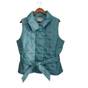 Talbots Size Large Turquoise Quilted w/ Belt Goose Down Filling Warm Cozy Vest